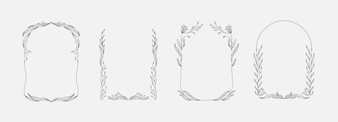 Retro floral frame or cover. Botanic design elements in wavy and naive style. Boho leaves branches and blooming print for poster, social media and packaging or greeting card