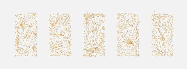 Set of line simple floral design elements in wavy style. Organic shapes, vibrant flowers print for poster, social media or packaging. Botanic vector