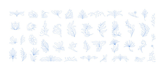 Set of line simple floral design elements in wavy style. Organic shapes, vibrant flowers print for poster, social media or packaging. Botanic vector