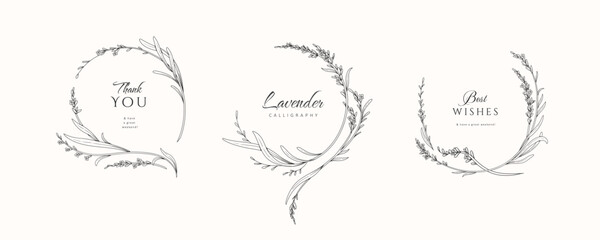 Set of lavender calligraphic wreath and design elements, floral and graceful branches. Wedding wildflowers for invitation save the date card. Botanical feminine rustic vector illustration