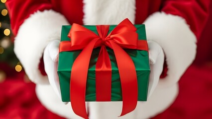 Santa Claus Holding Green Gift Box with Red Bow - Festive Holiday Scene