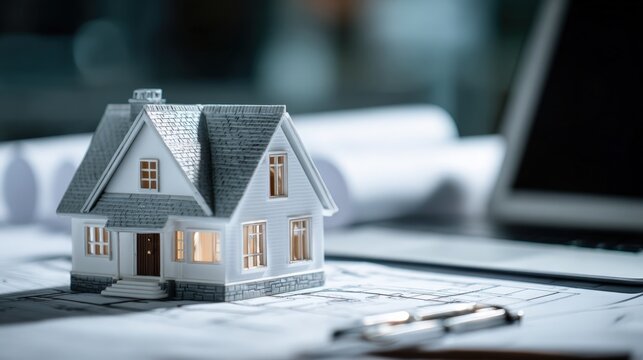 Miniature House with Blueprints and Laptop in Real Estate Setting
