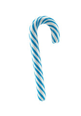 ultra-detailed macro photograph of a glossy blue and white spiral candy cane, static on a high-key white infinity background, emphasizing crystalline sugar structure. Concept for confectionery