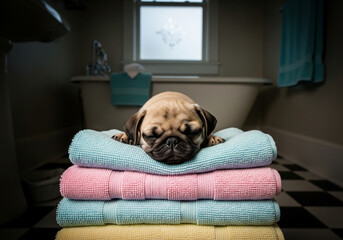 Sweet baby pug puppy peacefully sleeping on colorful towels against a bathroom backdrop