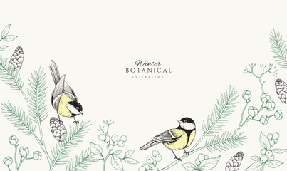 Christmas greeting card with winter plants, spruce and birds. New year decorations. Holiday card or invitation with hand drawn botanical engraving
