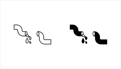Black vector icon set. of a water tap dripping connected to a pipe, representing plumbing, water flow, leakage, and infrastructure system. Clean minimal style with strong solid shape for UI, web,  