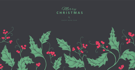 Christmas greeting card with holly plants and berries. Traditional New year decorations. Holiday invitation with hand drawn botanical engraving design