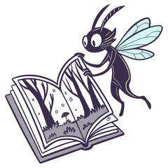 Whimsical fairy creature with wings reads an open book depicting a magical forest scene