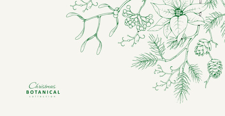 Obraz premium Christmas greeting illustration with winter plants and traditional New year decorations. Holiday card or invitation with hand drawn botanical engraving design