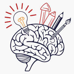 Creative idea generation and artistic inspiration concept with a brain light bulb pencils and paintbrush