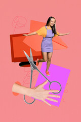 Trendy 3d zine vertical photo collage of happy businesswoman carry laptop stand office pc monitor scissors cut programming