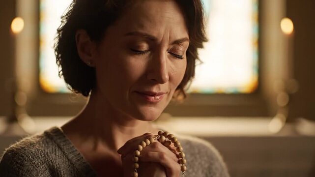 Pensive woman with closed eyes praying, holding a rosary in soft light