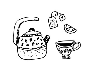 Cozy Tea Time Doodle Collection. Kettle, Teabag, Lemon, and Decorative Cup Set. Outline Hand-Drawn Vector Illustration