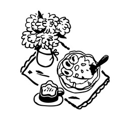 Whimsical Breakfast and Floral Doodle Composition. Meal, Tea Cup, and Vase Bouquet Still Life Concept. Outline Hand-Drawn Vector Illustration.
