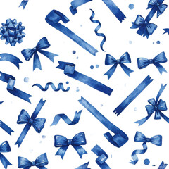 detailed watercolor seamless pattern featuring festive blue and indigo bows, multi-looped ribbons, and striped elements on a transparent background, showcasing hand-painted translucency. concept for