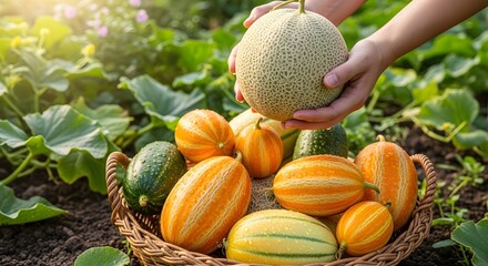 Golden striped garden melons and ripe cantaloupe harvested at sunrise in a rustic wicker basket, displayed among lush green vines in an organic farm field, symbolizing fresh summer sweetness and abund