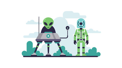 Obraz premium Cartoon alien stands by spaceship next to astronaut in green suit