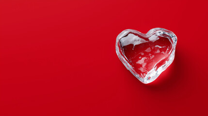 Transparent ice heart on red background, symbol of contrast between cold and passion, ideal for healthcare campaigns, emotional design concepts and Valentine's day marketing