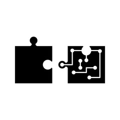 Tech Integration Icon – Puzzle with Circuit Board silhouette icon showing a puzzle piece connecting with a circuit board, symbolizing technology integration, digital solutions, system merging, innovat