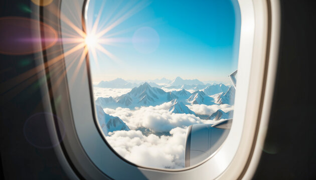 View of snowy mountains and clouds through airplane window in sunlight  