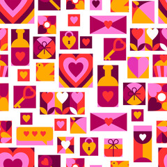 Happy Valentine Day seamless pattern. Holiday background with romantic items and love symbols.