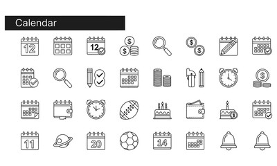 Minimalist calendar icon set in flat line-art style on white background featuring dates, events, clocks, reminders, and organization symbols