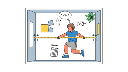 Child balancing on a beam with math symbols floating