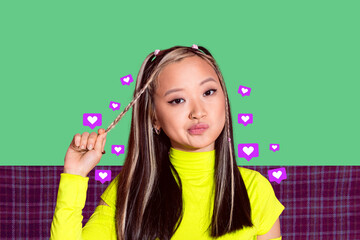 Full zine trendy photo collage of happy girl guy blogger receive like notification social media...