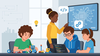 Children learn coding and robotics with teacher