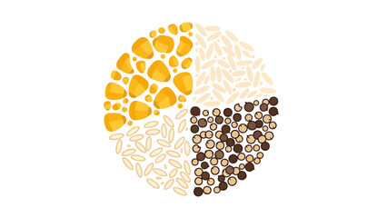 Circle divided into four sections with different grains corn rice and two types of beans
