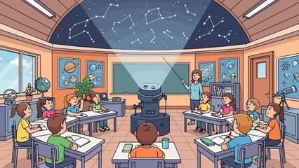 Children in a classroom learning about constellations projected on the ceiling