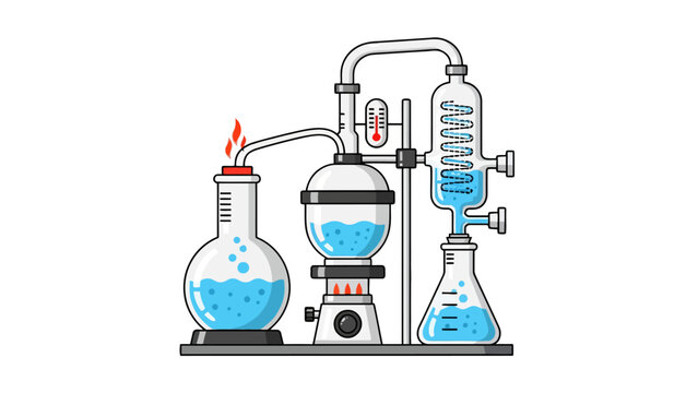 Chemical distillation apparatus with flasks and thermometer