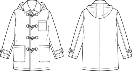 Duffle coat technical fashion flat sketch, front and back view, toggle closure jacket, vector illustration template for apparel design. © Iqbal creative 