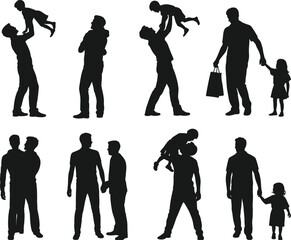 Father and child silhouettes set, dad lifting son, walking with daughter, happy family vector collection isolated on white background.