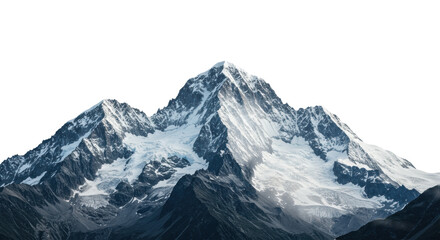 colossal, towering granite mountains and glacial ice with deep blue crevasses, sharp focus, isolated hard cutout against a transparent background with copy space. concept for epic scale and isolation