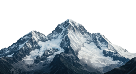 colossal, towering granite mountains and glacial ice with deep blue crevasses, sharp focus, isolated hard cutout against a transparent background with copy space. concept for epic scale and isolation
