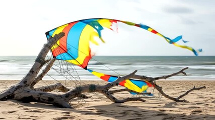Colorful Kite Stuck on Driftwood on Sandy Beach by the Ocean.