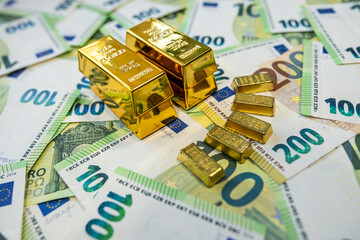Gold bars and euro banknotes symbolizing financial success, luxury wealth and secure investment