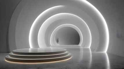 Obraz premium Sleek, futuristic architectural space with a glowing circular tiered podium in front of concentric arched tunnels.