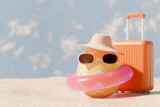 Easter egg dressed for summer vacation with suitcase on the beach. 3d rendering.