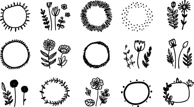 Black and white illustration set featuring floral outlines and circles. This hand-drawn design includes decorative elements in a vector format.