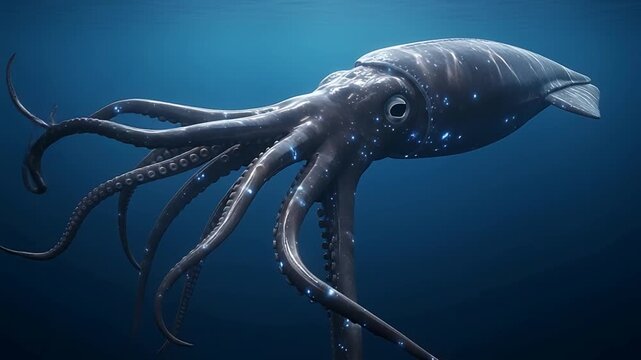 Cinematic Giant Squid Underwater Footage in Deep Sea with Flowing Tentacles.