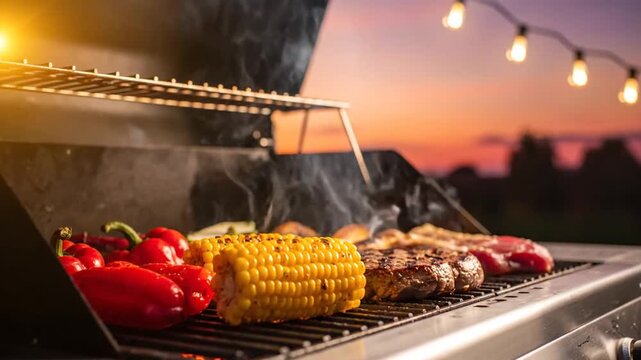 Outdoor grilling scene during sunset with colorful vegetables and meats