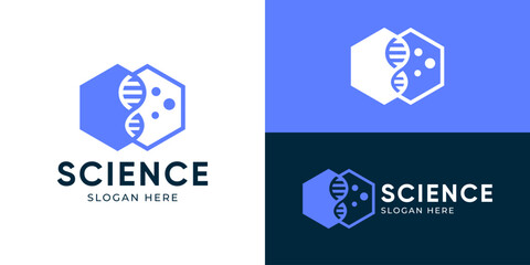 Creative simple science logo template. Abstract DNA with hexagonal shape, helix logo design vector illustration.