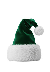 High-key photorealistic product shot of a deep emerald green velvet santa hat with white faux fur trim, isolated on white emphasizing luxurious texture. high-end holiday product concept