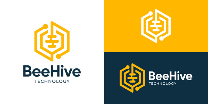 Creative modern bee hive logo template. Honey bee with hexagonal shape Honey comb technology symbol logo design vector illustration.