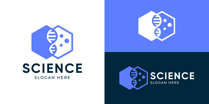 Creative simple science logo template. Abstract DNA with hexagonal shape, helix logo design vector illustration.