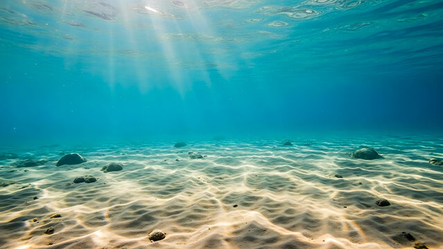 Underwater view of sandy seabed with sun rays filtering through clear blue ocean water