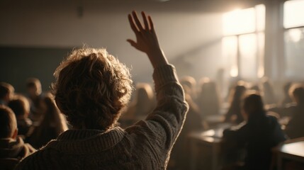 Obraz premium Teacher Acknowledging Student in Sunlit Classroom with Cinematic Tone