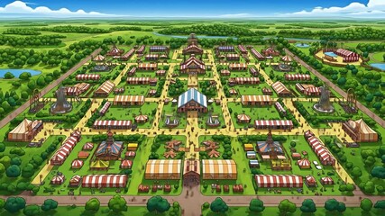 An expansive aerial view of a vibrant, bustling fairground or festival grounds, with numerous tents, stalls, and buildings arranged in a grid pattern amidst lush green fields and trees under a clear .